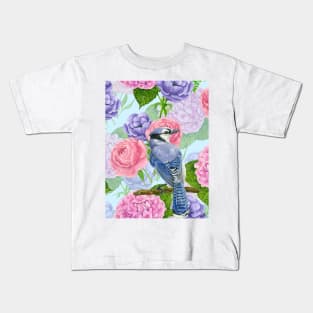 Blue jay and flowers watercolor pattern Kids T-Shirt